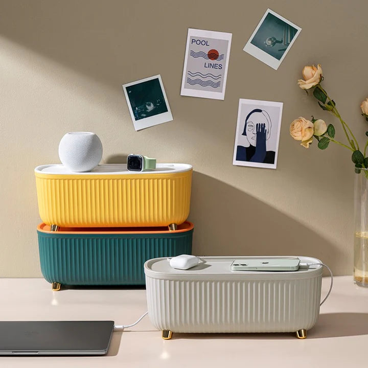 Space-Saving Striped Cable Organizer Box